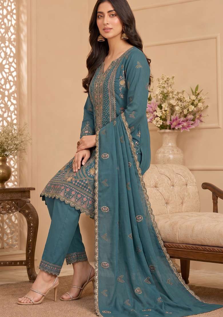 Teal Embroidery Silk Kurta Set - Indya