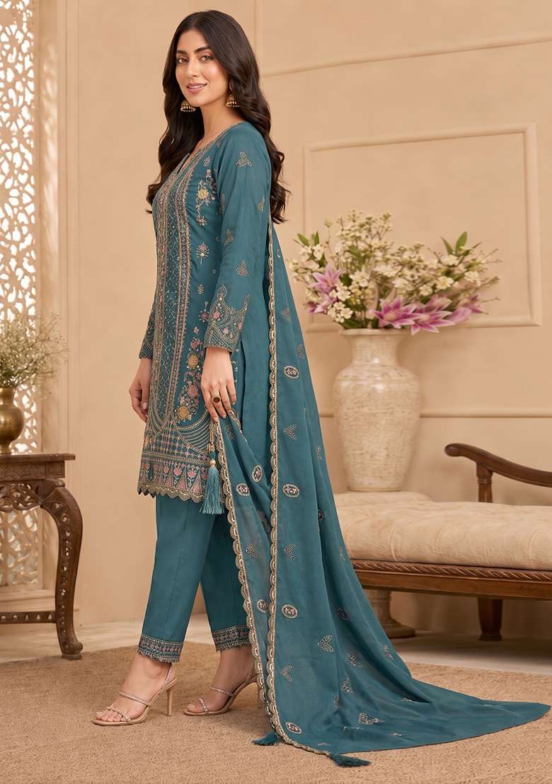 Teal Embroidery Silk Kurta Set - Indya