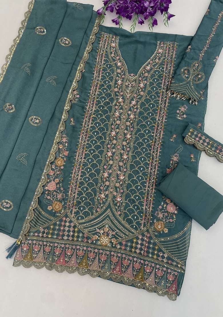 Teal Embroidery Silk Kurta Set - Indya