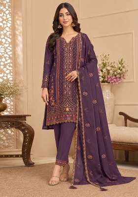 Wine Embroidery Silk Kurta Set