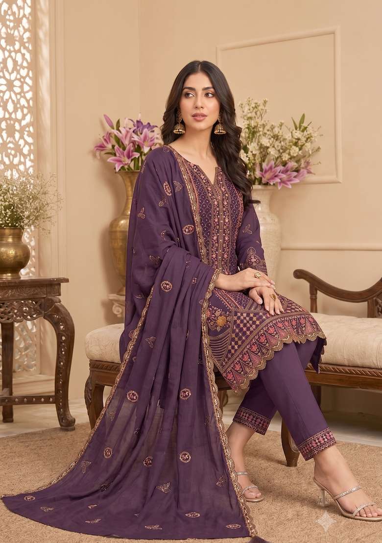 Wine Embroidery Silk Kurta Set - Indya