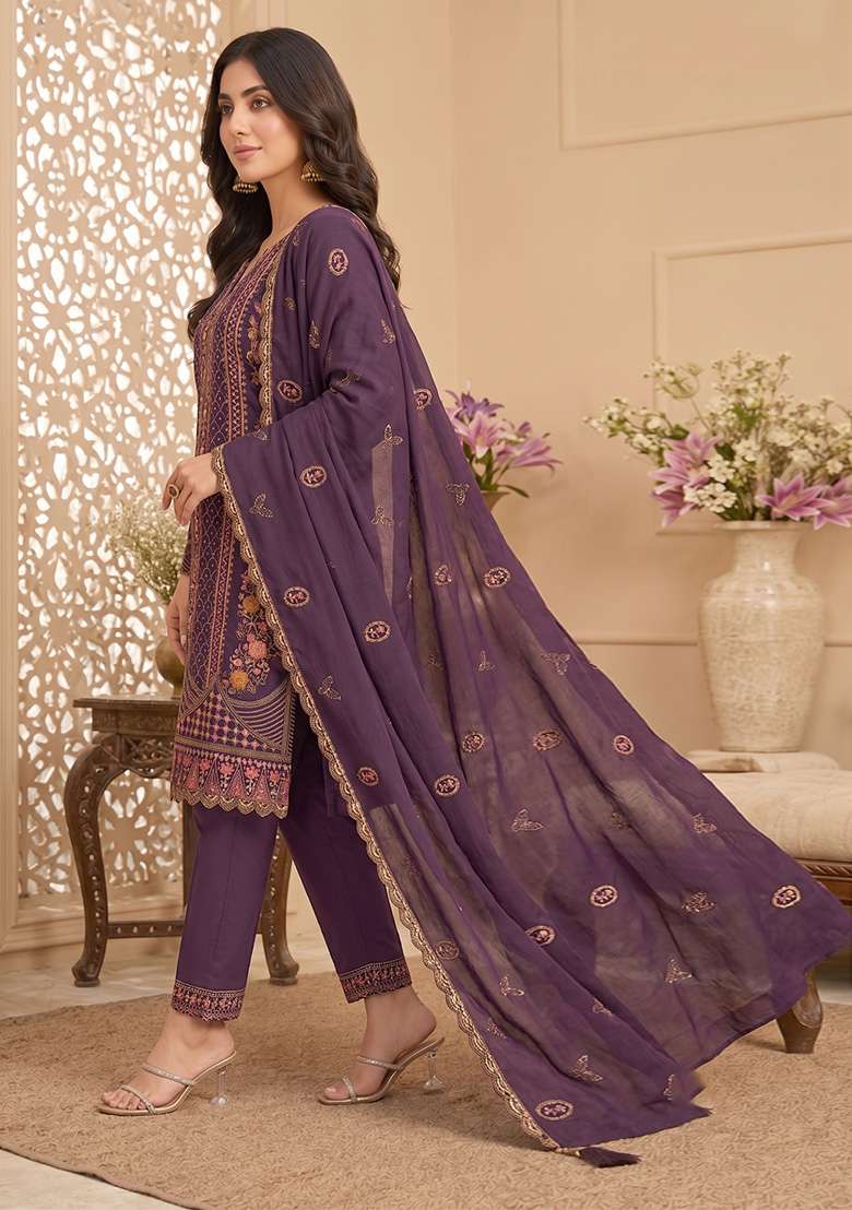 Wine Embroidery Silk Kurta Set - Indya