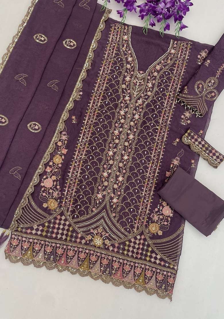 Wine Embroidery Silk Kurta Set - Indya