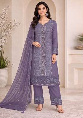 Lavender Embroidery Silk Kurta Set