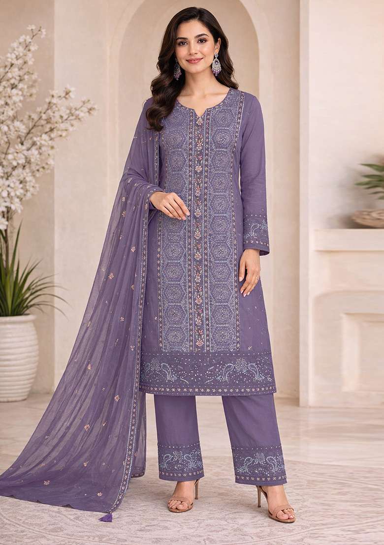 Lavender Embroidery Silk Kurta Set - Indya