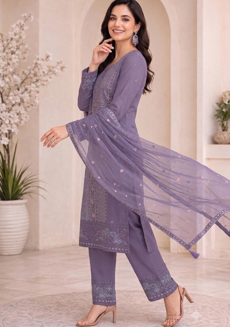 Lavender Embroidery Silk Kurta Set - Indya