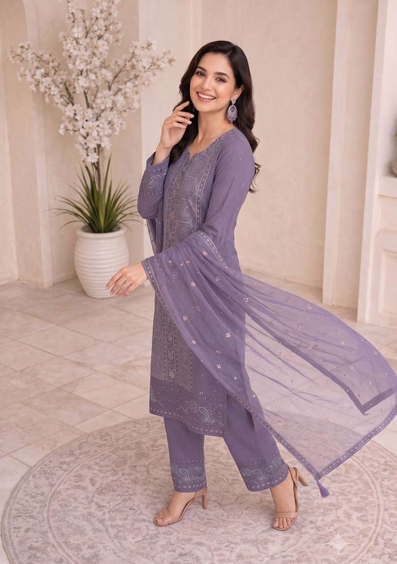 Lavender Embroidery Silk Kurta Set - Indya