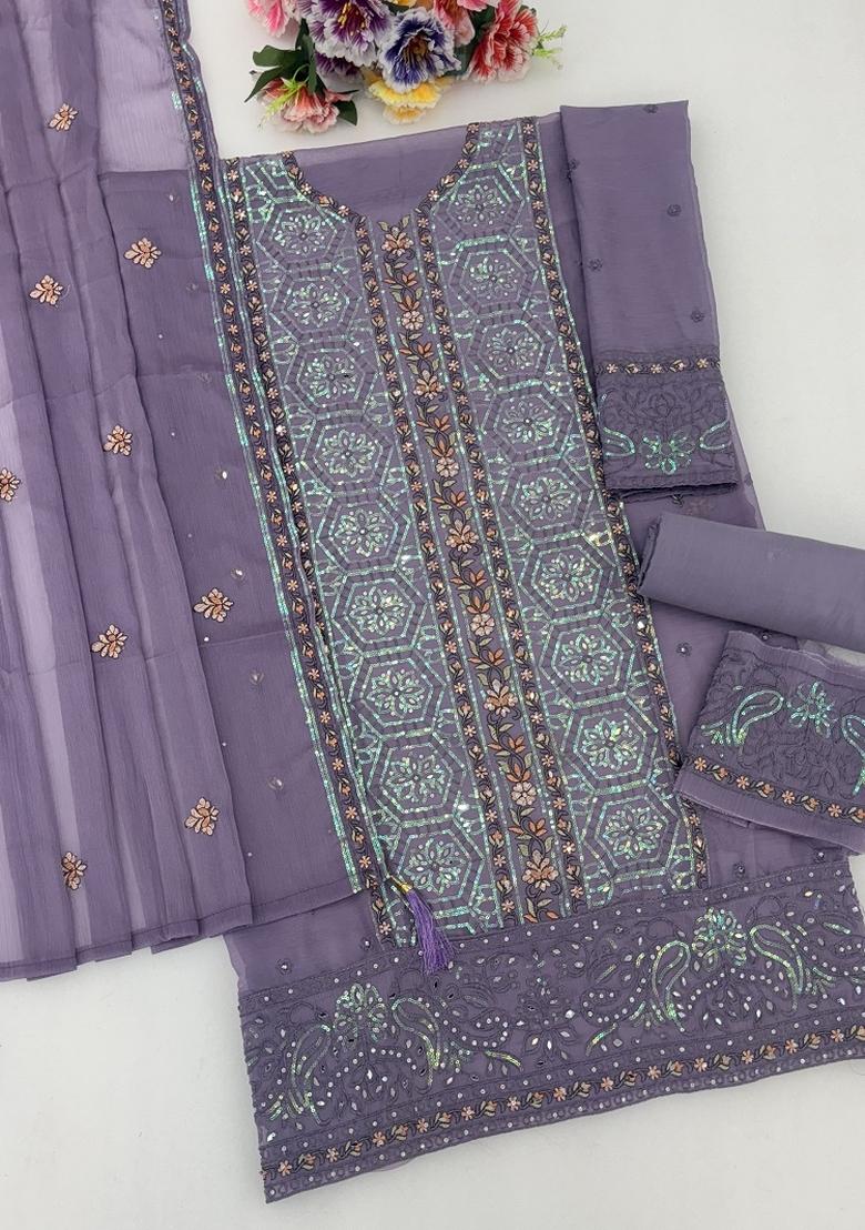 Lavender Embroidery Silk Kurta Set - Indya
