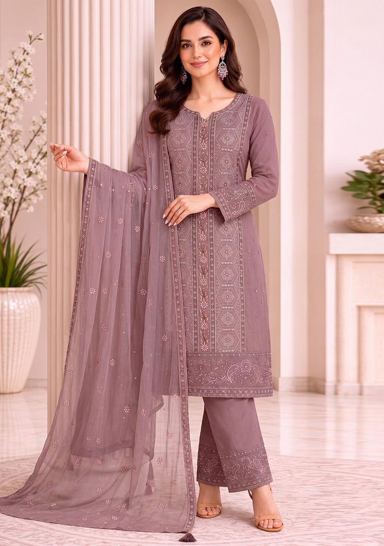 Onion Pink Embroidery Silk Kurta Set - Indya