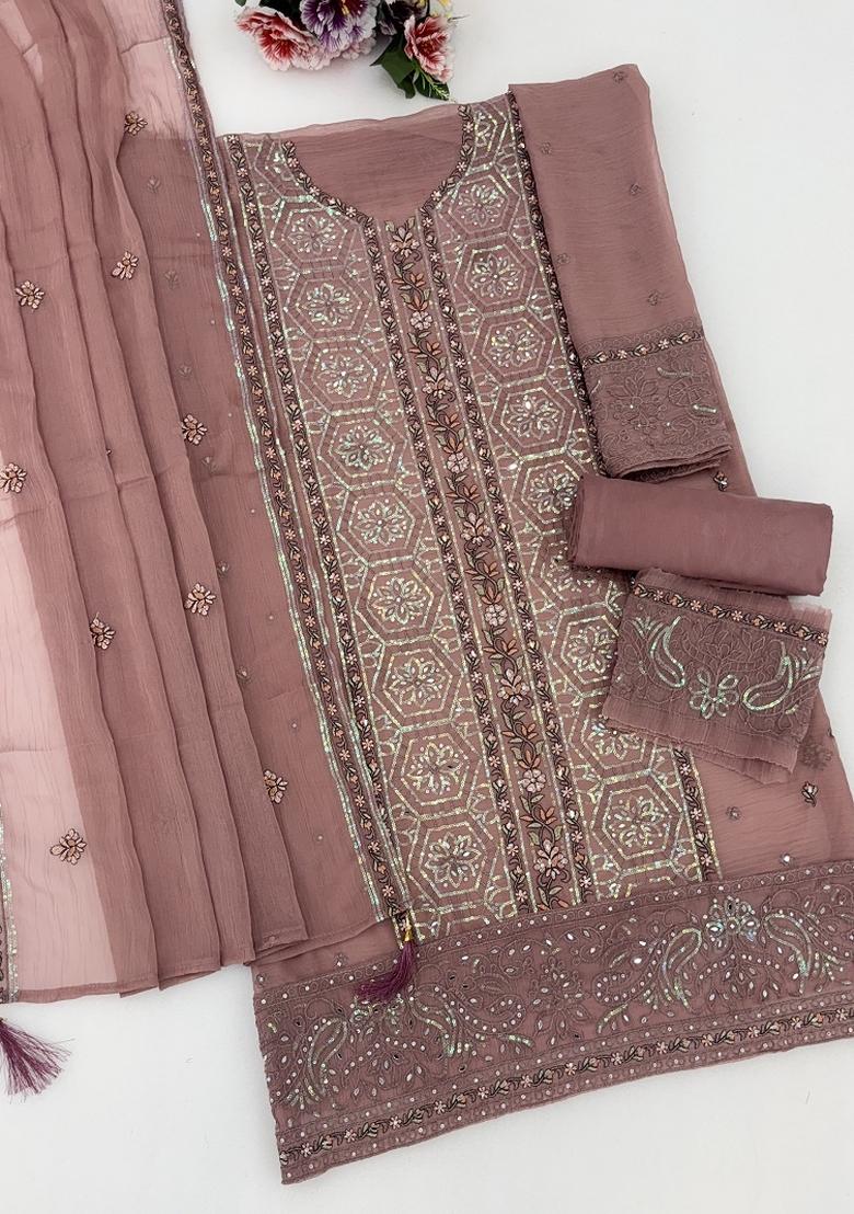 Onion Pink Embroidery Silk Kurta Set - Indya