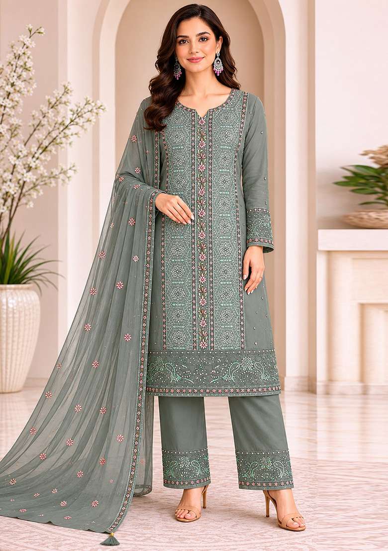 Light Green Embroidery Silk Kurta Set - Indya