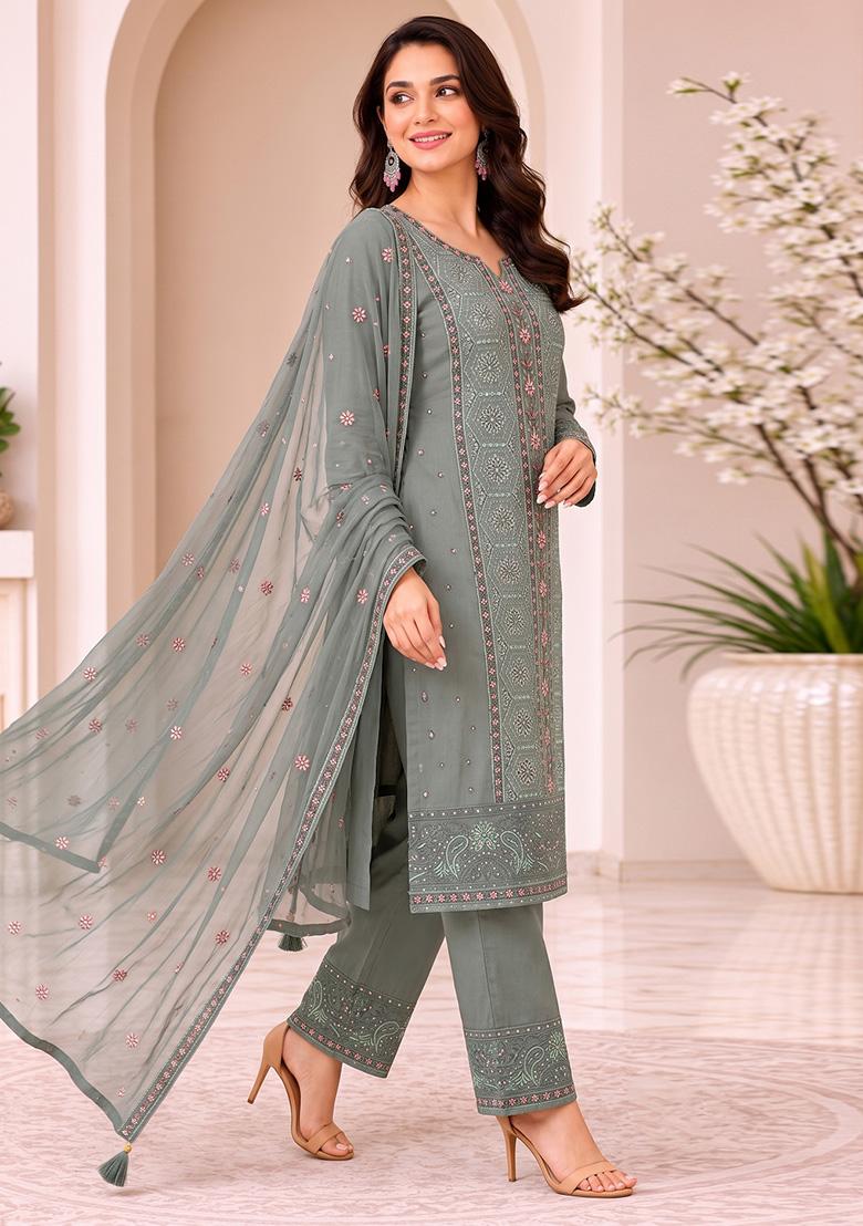Light Green Embroidery Silk Kurta Set - Indya
