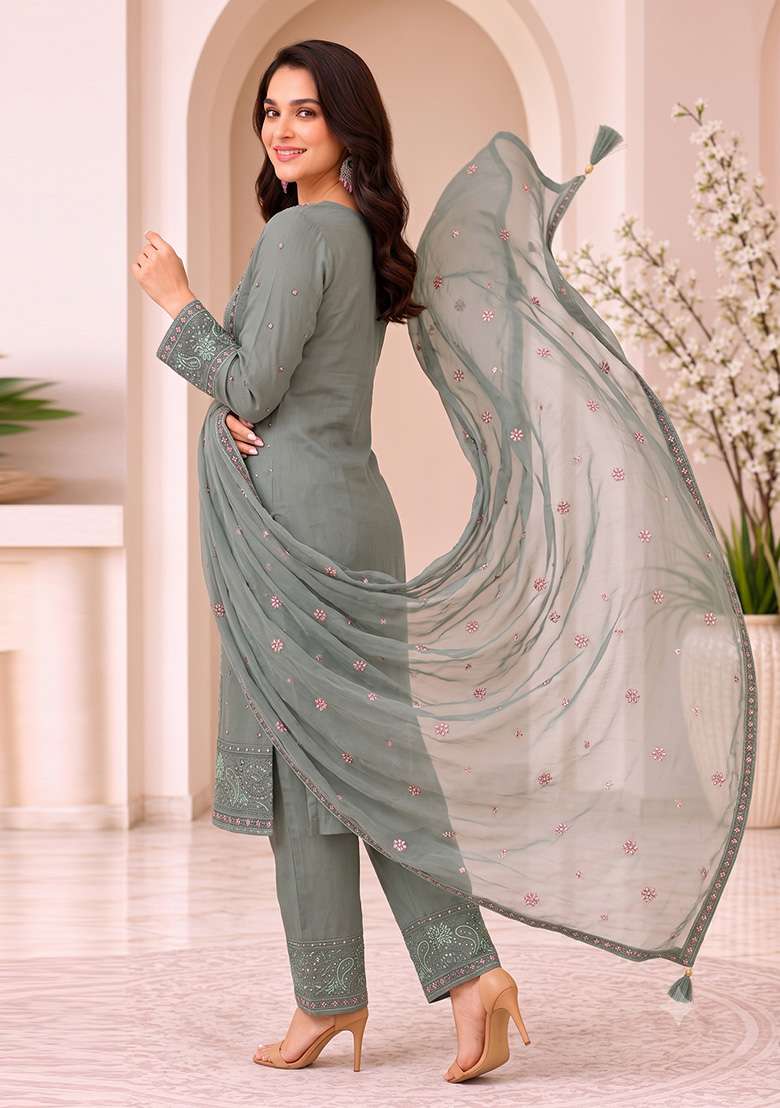 Light Green Embroidery Silk Kurta Set - Indya