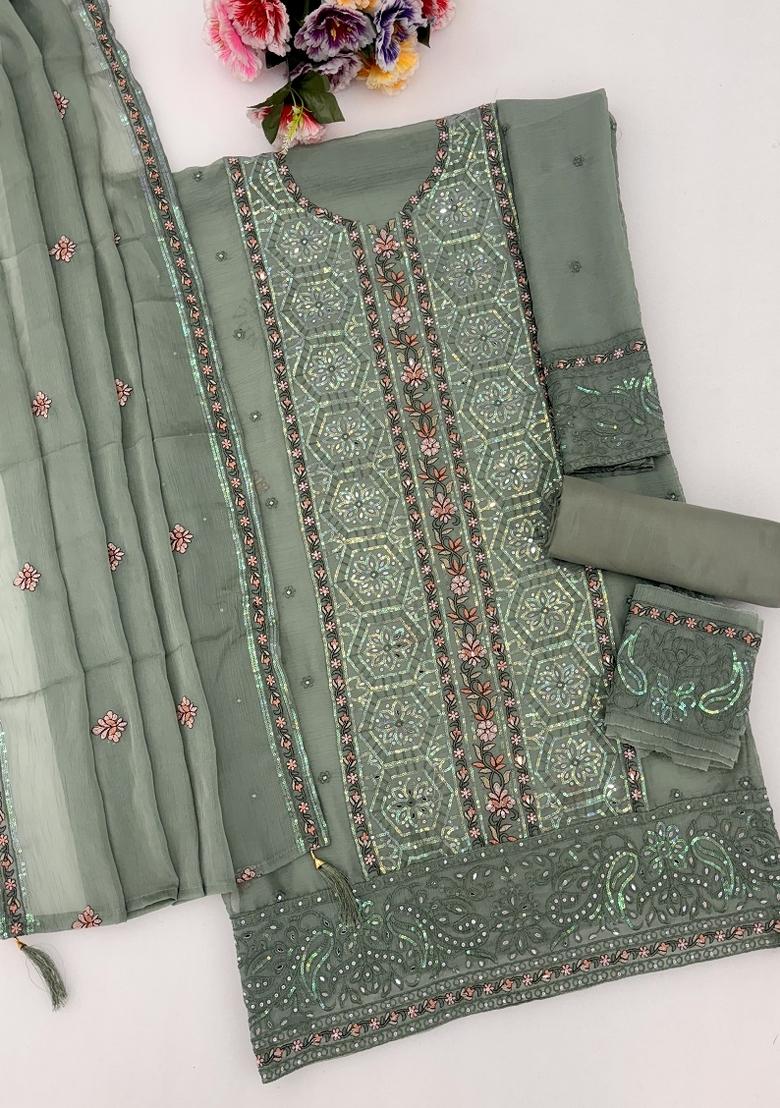 Light Green Embroidery Silk Kurta Set - Indya