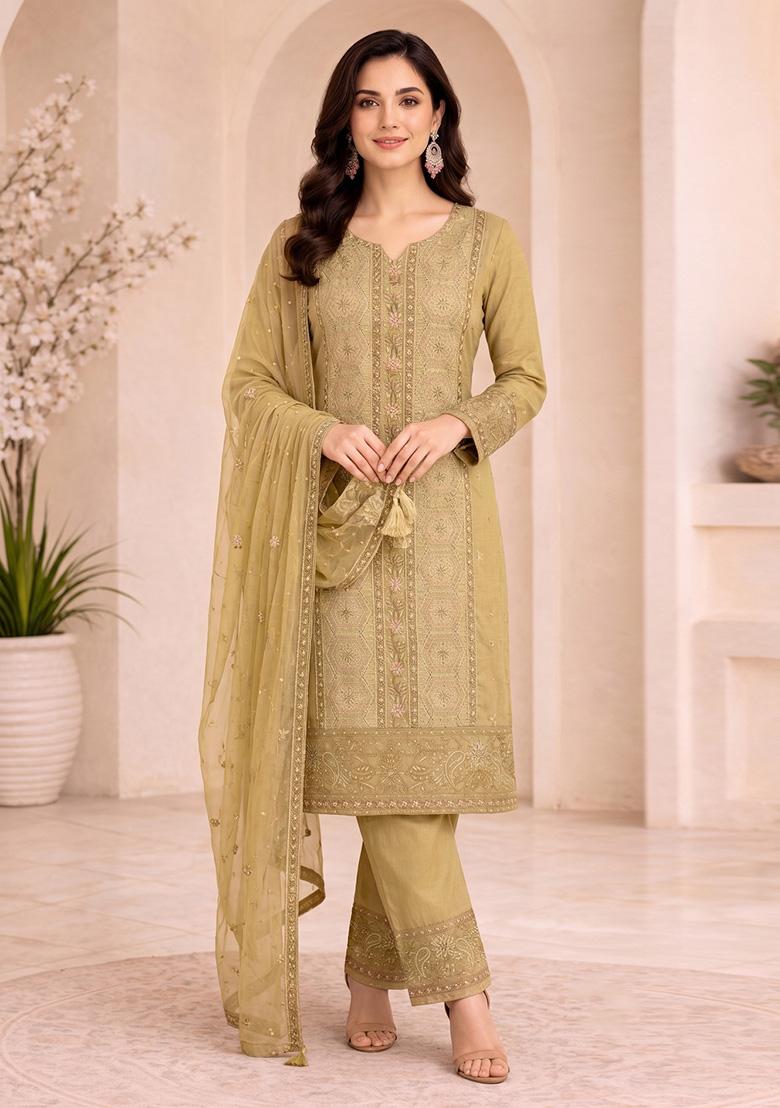 Yellow Embroidery Silk Kurta Set - Indya