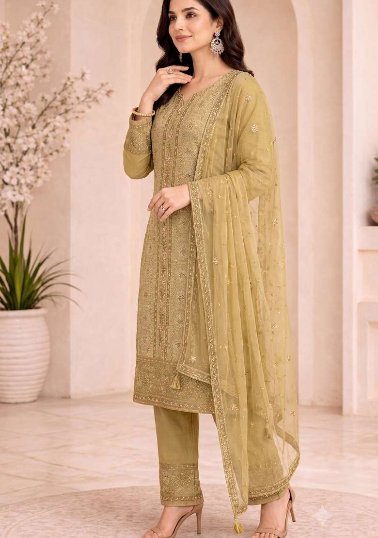 Yellow Embroidery Silk Kurta Set - Indya