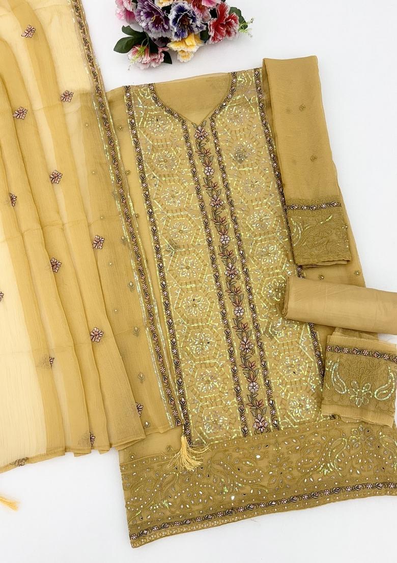 Yellow Embroidery Silk Kurta Set - Indya