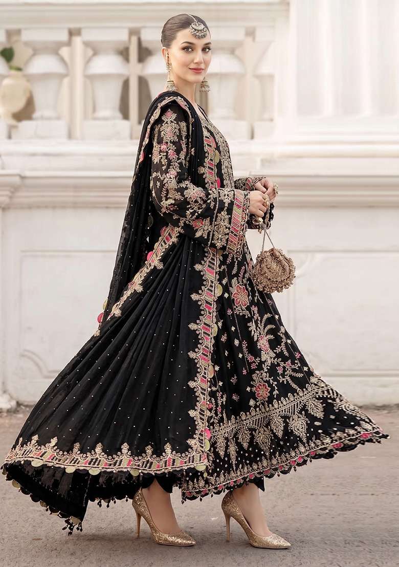 Black Embroidery Silk Kurta Set - Indya