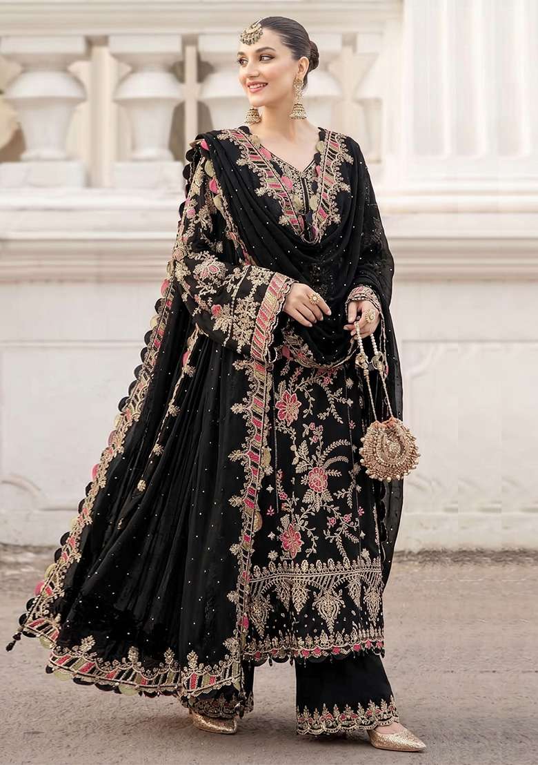 Black Embroidery Silk Kurta Set - Indya