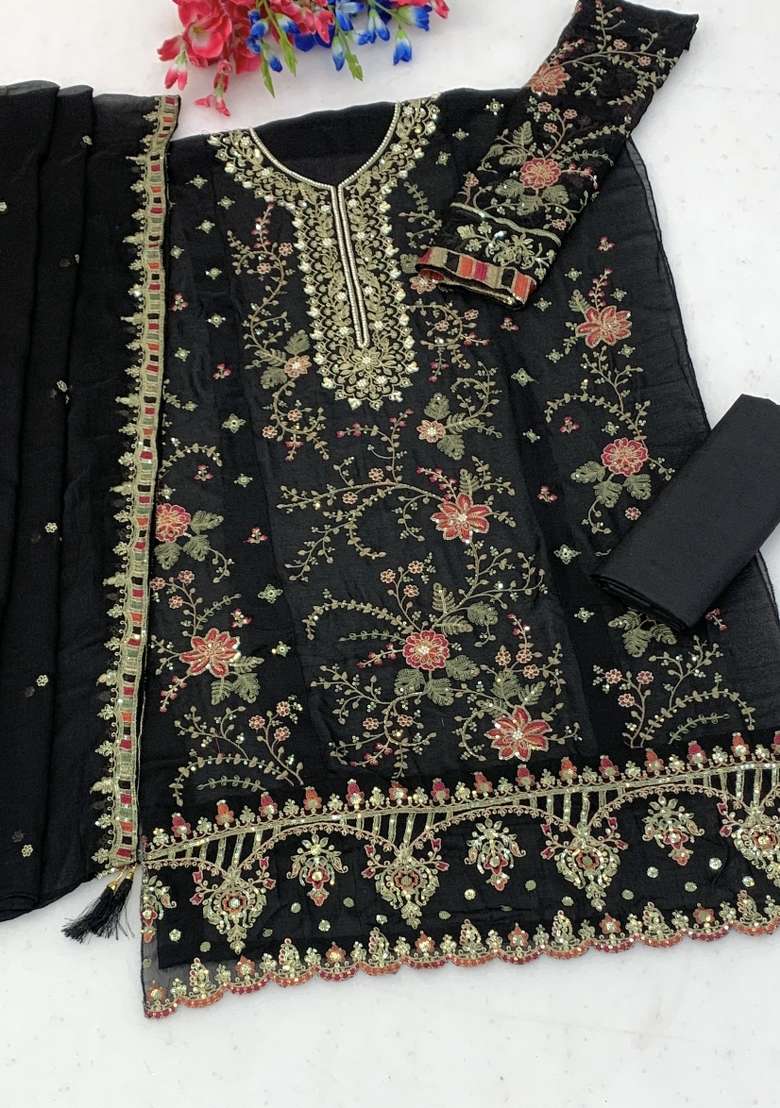 Black Embroidery Silk Kurta Set - Indya