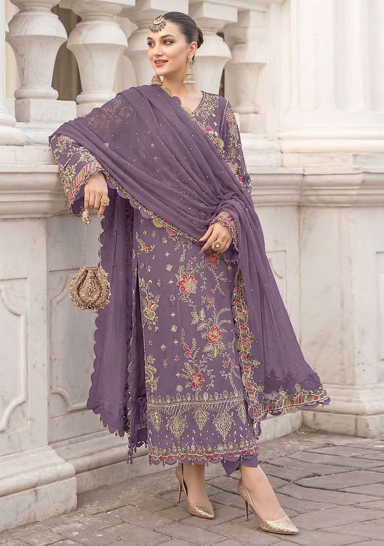 Lavender Embroidery Silk Kurta Set - Indya