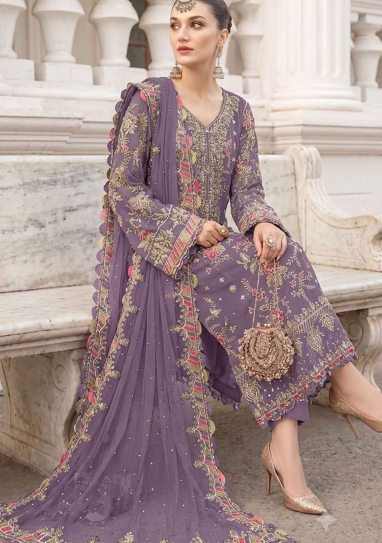 Lavender Embroidery Silk Kurta Set - Indya