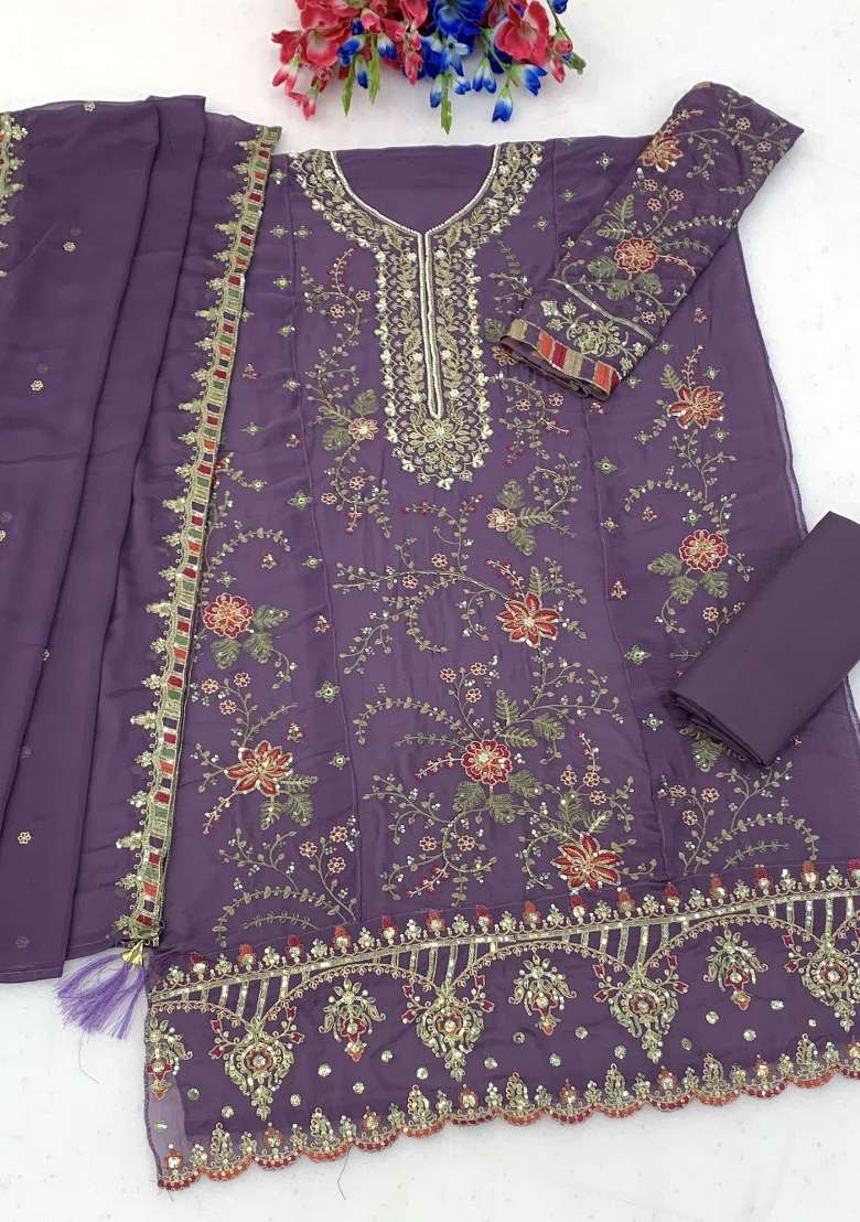 Lavender Embroidery Silk Kurta Set - Indya