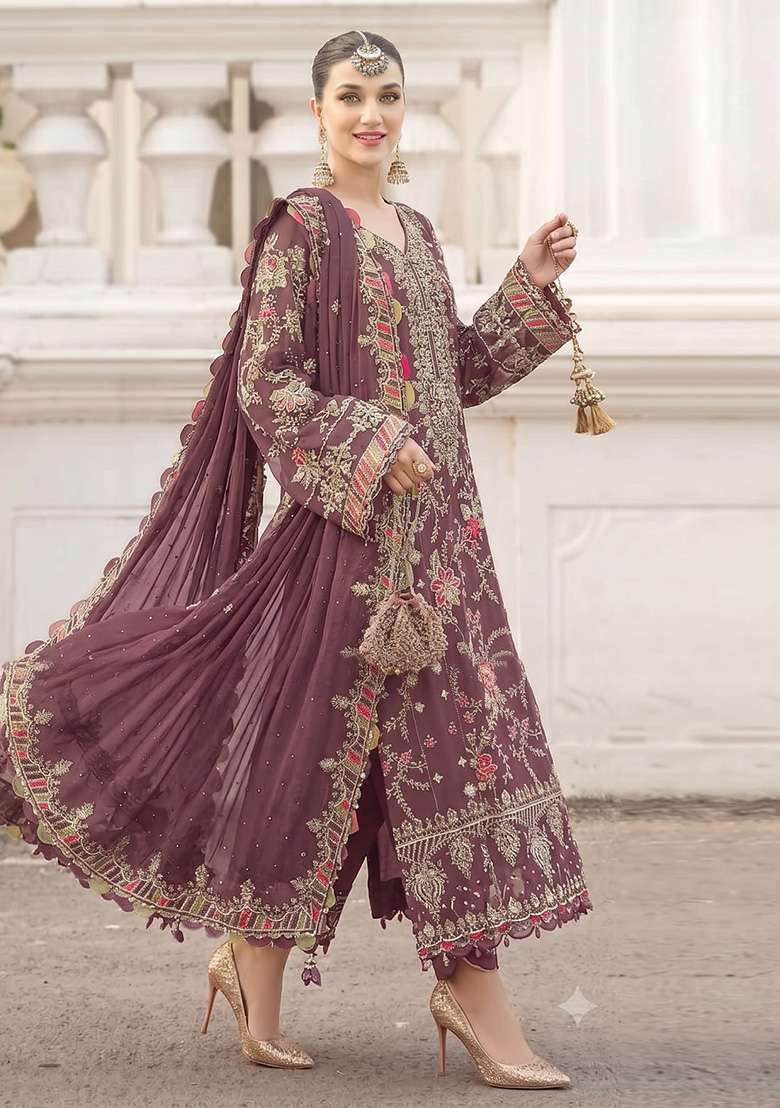 Onion Pink Embroidery Silk Kurta Set - Indya