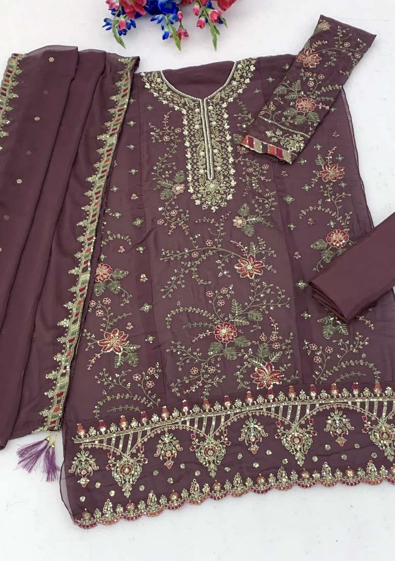 Onion Pink Embroidery Silk Kurta Set - Indya
