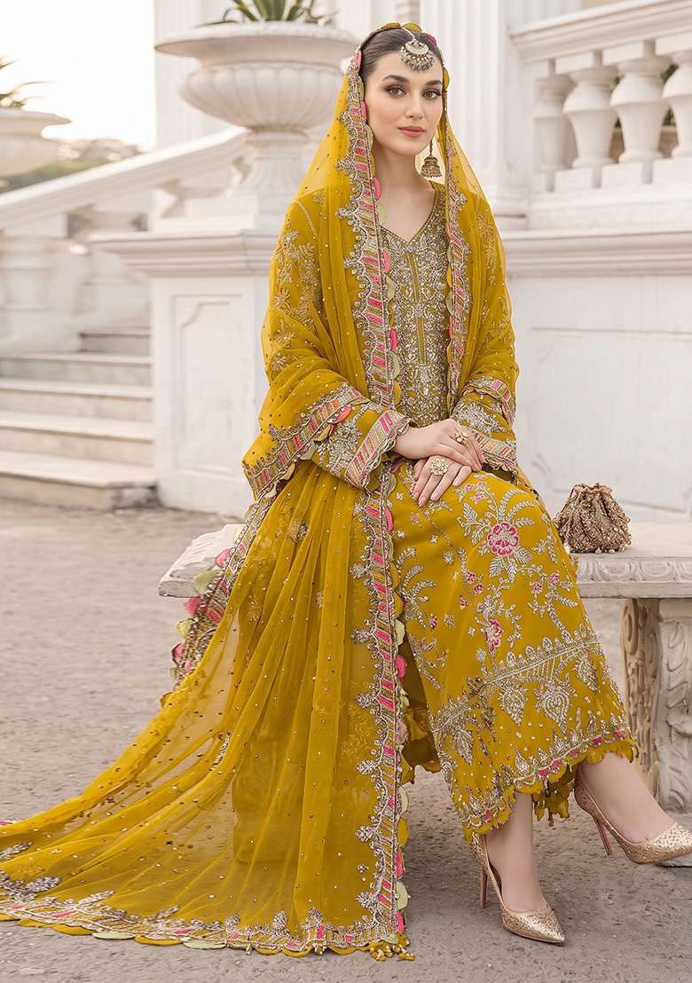 Yellow Embroidery Silk Kurta Set - Indya