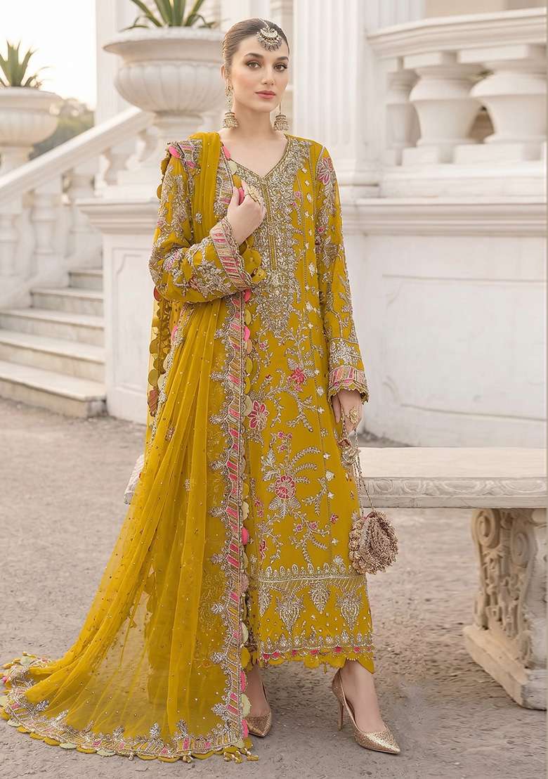 Yellow Embroidery Silk Kurta Set - Indya