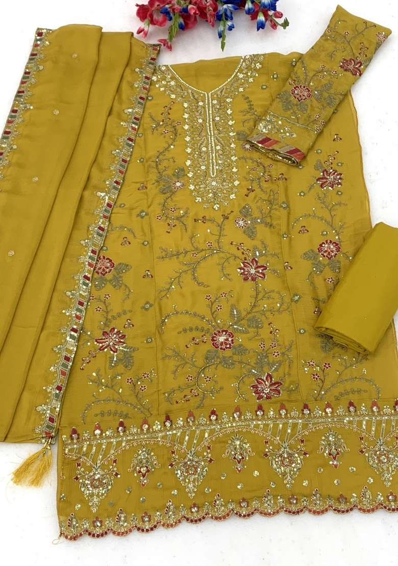 Yellow Embroidery Silk Kurta Set - Indya