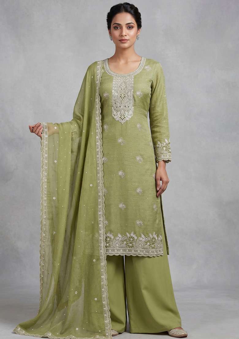 Green Embroidery Silk Kurta Set - Indya