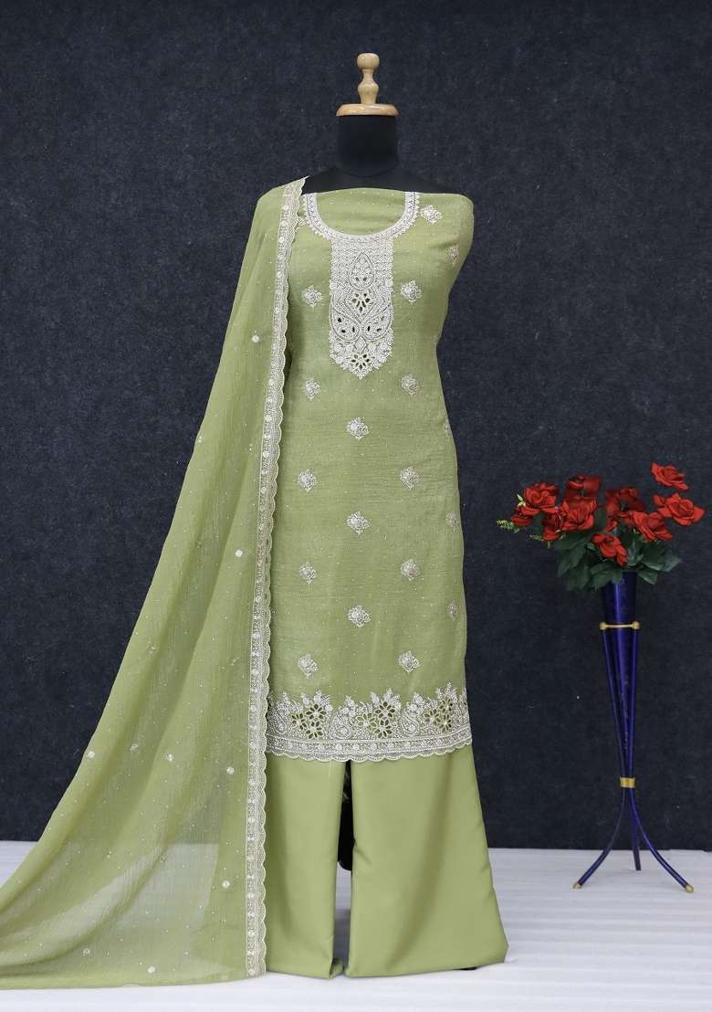 Green Embroidery Silk Kurta Set - Indya
