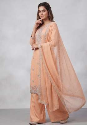 Orange Embroidery Silk Kurta Set