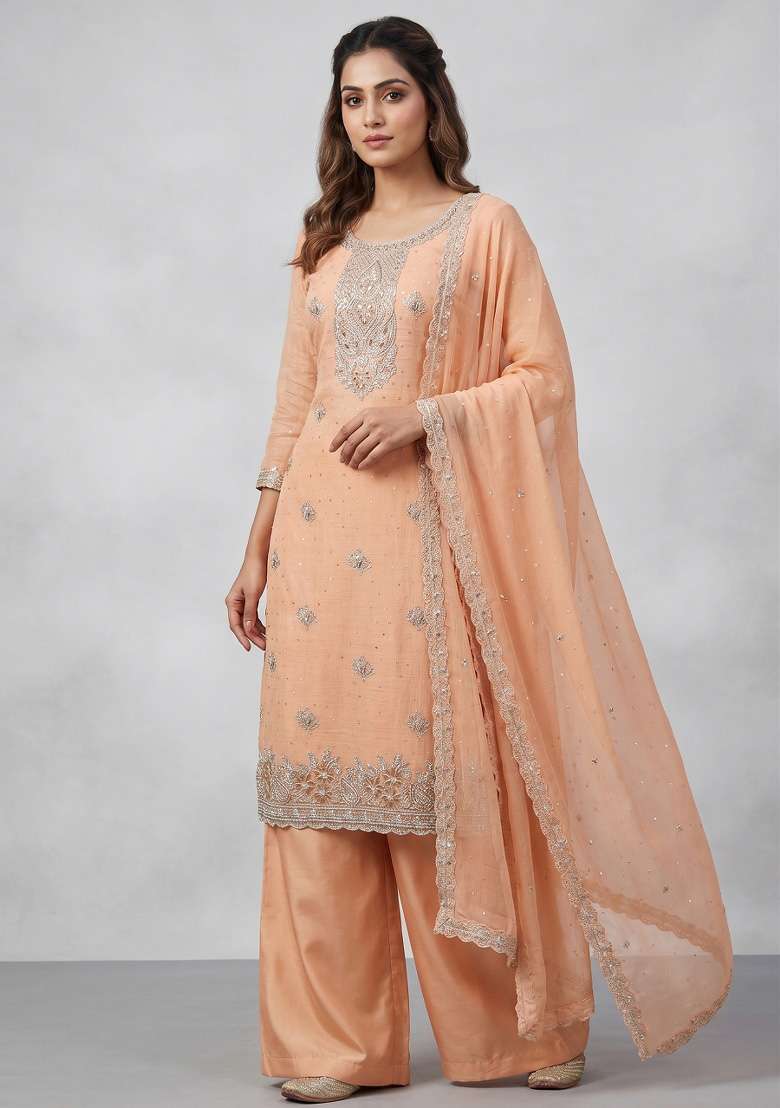 Orange Embroidery Silk Kurta Set - Indya