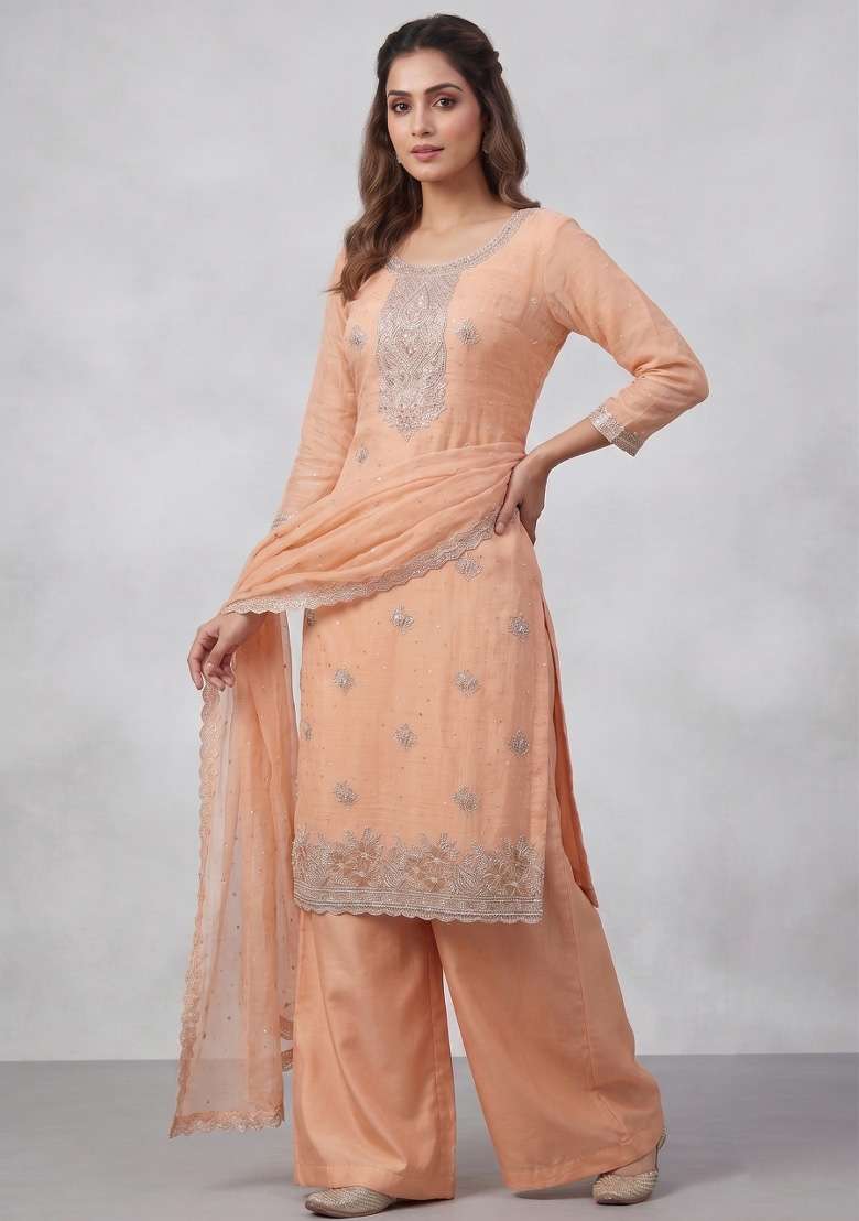 Orange Embroidery Silk Kurta Set - Indya
