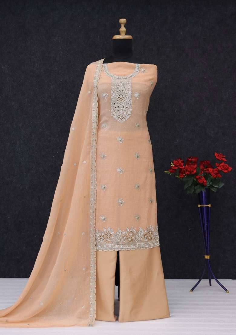Orange Embroidery Silk Kurta Set - Indya