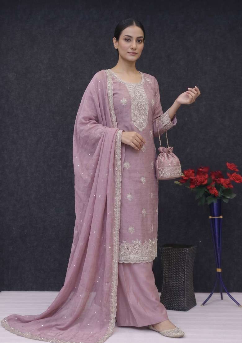 Pink Embroidery Silk Kurta Set - Indya