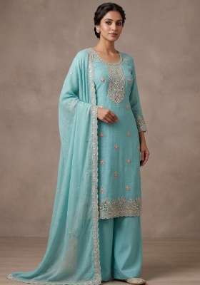 Sky Blue Embroidery Silk Kurta Set