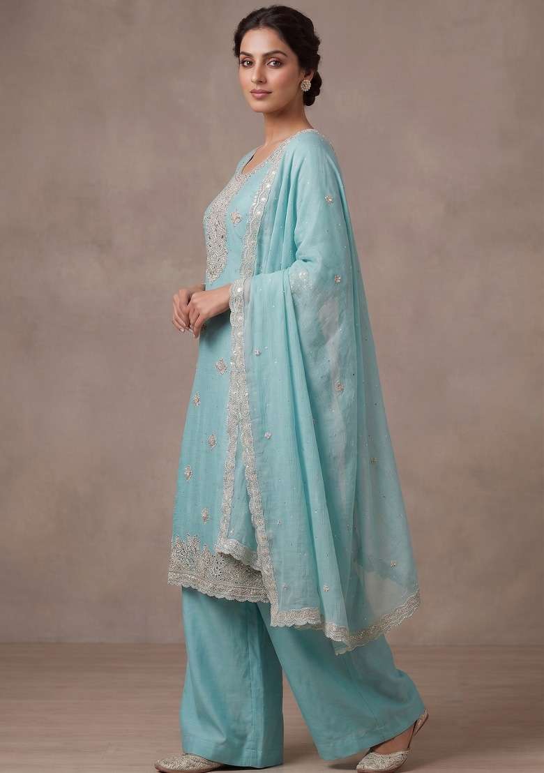 Sky Blue Embroidery Silk Kurta Set - Indya
