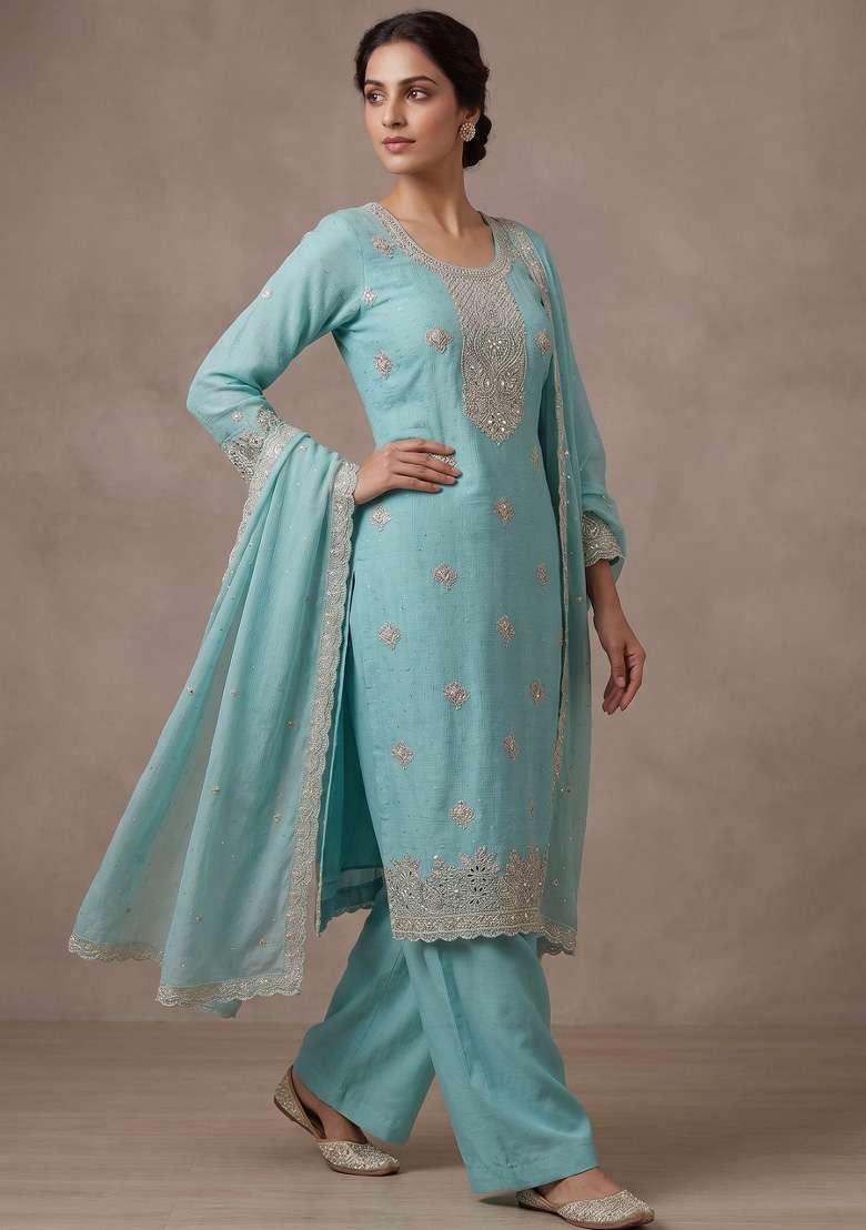 Sky Blue Embroidery Silk Kurta Set - Indya