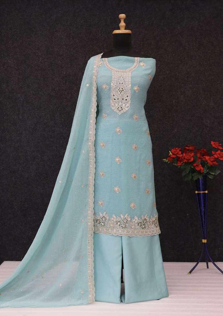Sky Blue Embroidery Silk Kurta Set - Indya