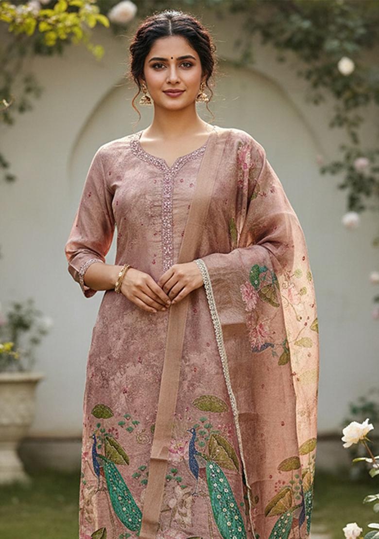 Pink Printed Cotton Kurta Set - Indya