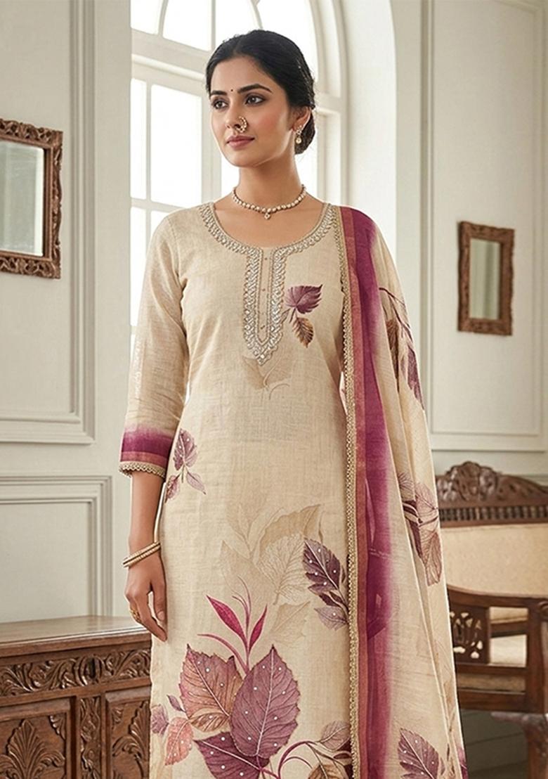 Off White Printed Cotton Kurta Set - Indya