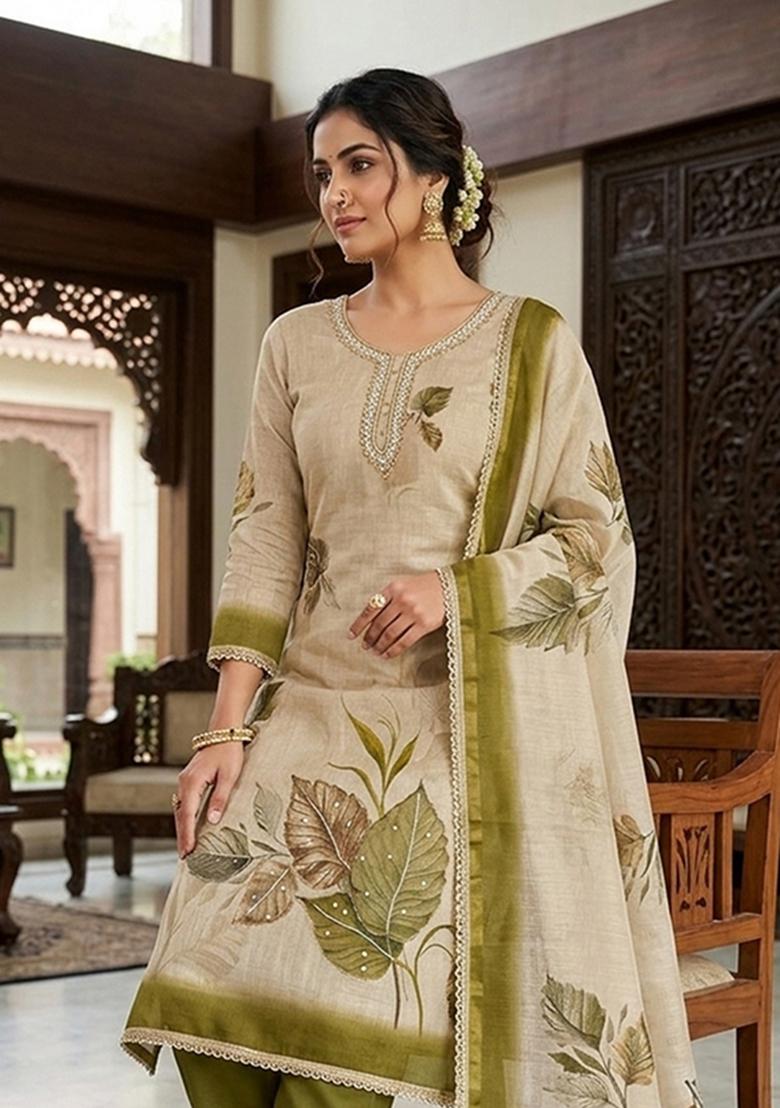 Off White Printed Cotton Kurta Set - Indya