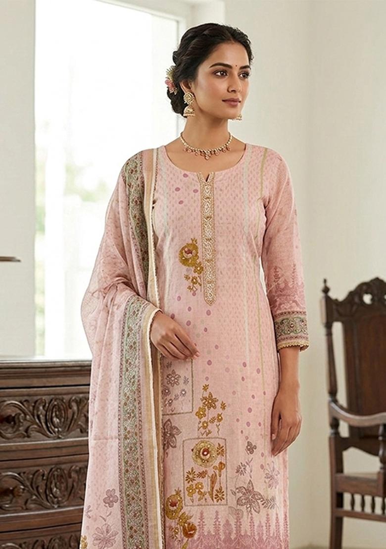 Pink Printed Cotton Kurta Set - Indya