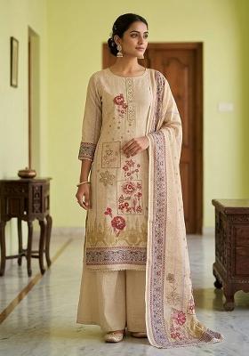 Beige Printed Cotton Kurta Set