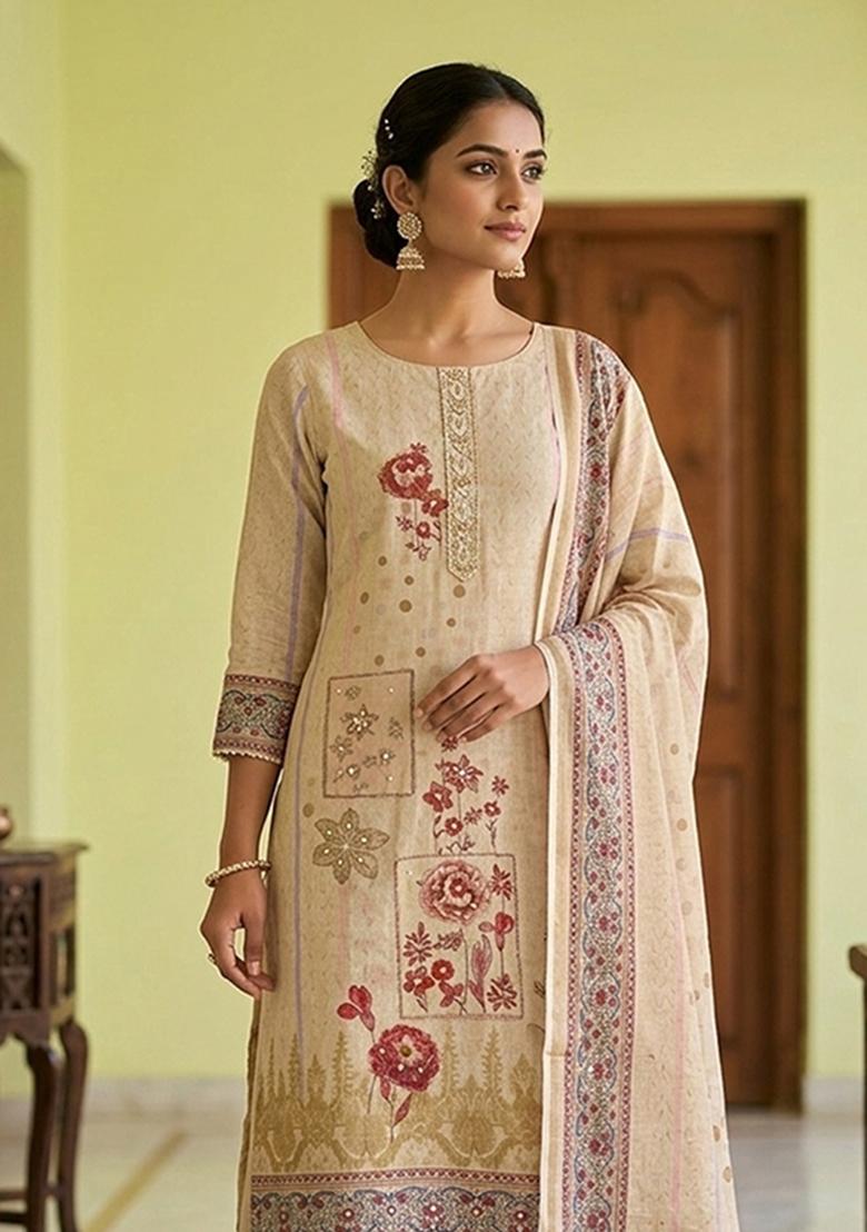 Beige Printed Cotton Kurta Set - Indya