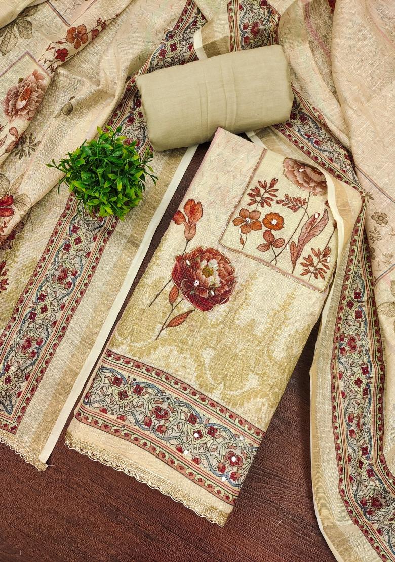 Beige Printed Cotton Kurta Set - Indya